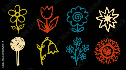 Photos Colorful quick doodle vector flower illustrations, hand-drawn with a sketchy sty