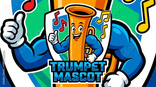 Trumpet Mascot Cartoon Character Playing Music.