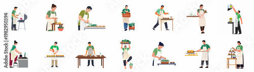 Flat Illustration Set of Restaurant Staff Preparing and Serving Burgers, Highlighting Cooking, Fresh Ingredients, and Teamwork in a Professional Kitchen.