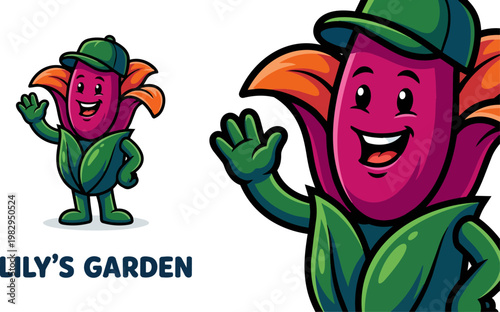 Purple Cartoon Mascot Character In Green Outfit.