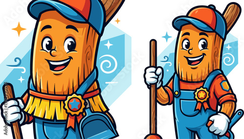 Cartoon Broom Characters Smiling Twin Mascots In Blue Overalls.