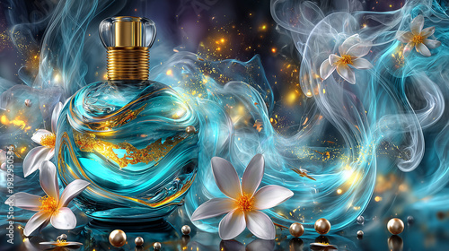 Un flacon de parfum de luxe irisé vert turquoise et doré. Entouré de fleurs de jasmin blanches, perles et particules dorées scintillantes. Arrière-plan artistique, magique et onirique