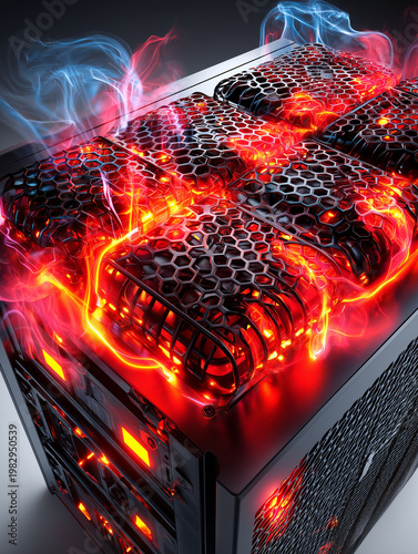 Gros plan rack serveurs high-tech, incandescence rouge visible par les évents. Volutes de fumée s'élevant, surchauffe extrême