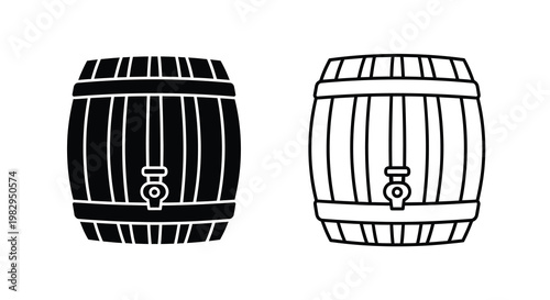 Two black and white illustrations depict wooden barrels with spigots for dispensing liquids