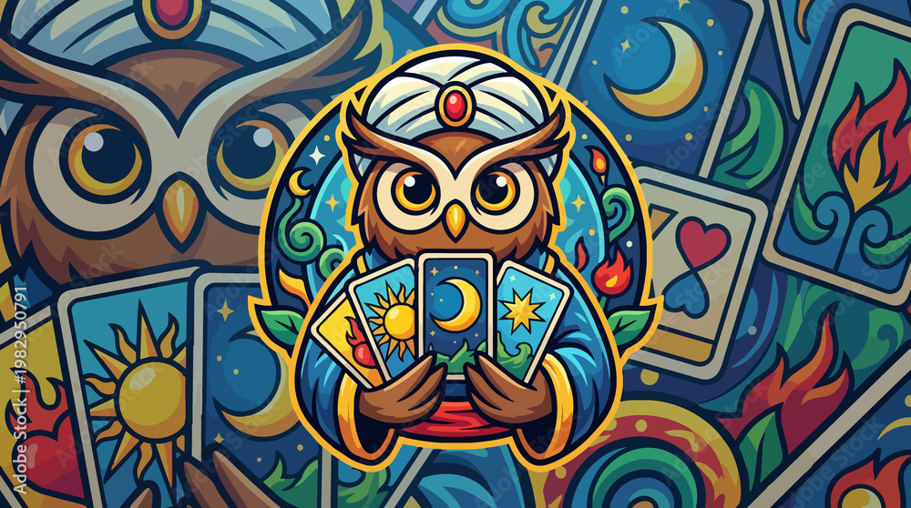 Fototapeta premium Colorful Owl with Playing Cards.