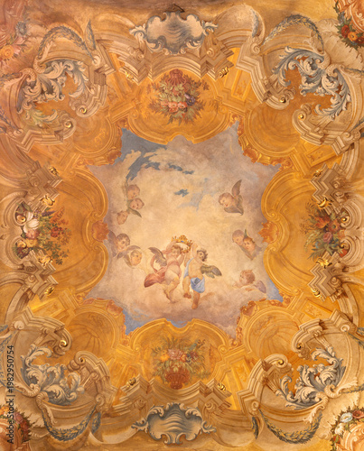 MONZA, ITALY - MARCH 19, 2026:  The fresco of angels with the crown of Virgin...