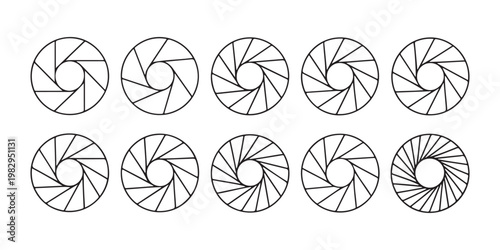 Camera aperture shutter icons set for photography equipment linear iris symbols on checkered background.