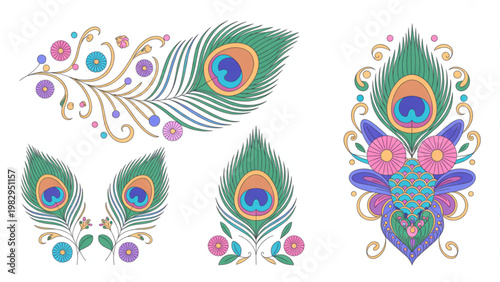 Vibrant feather patterns with intricate floral and geometric designs in pastel hues