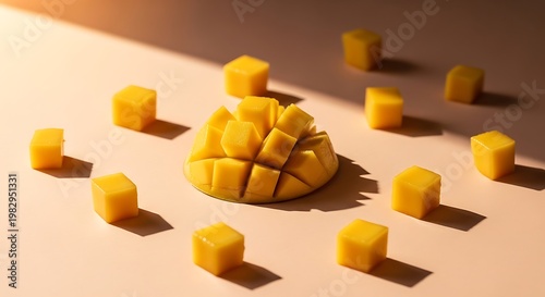 Mango cubes scattered on pastel peach background