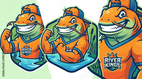 Cartoon alligator trio wearing colorful life jackets.