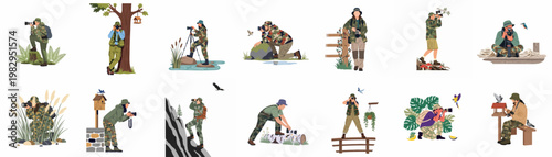 Collection of flat vector illustrations featuring wildlife photographers in camouflage gear capturing diverse bird species in various natural outdoor settings.