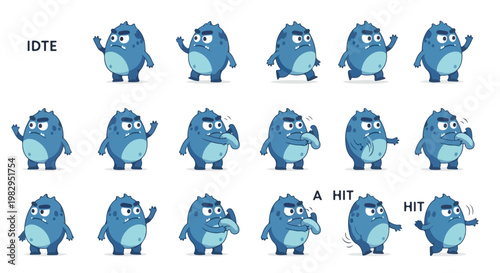 Blue monster character sprite sheet, cute cartoon creature animation frames for game design, 15 vector poses including idle, walk, and hit actions