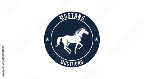 Mustang Horse Emblem, Circular Logo, White Horse Silhouette on Dark Blue Background