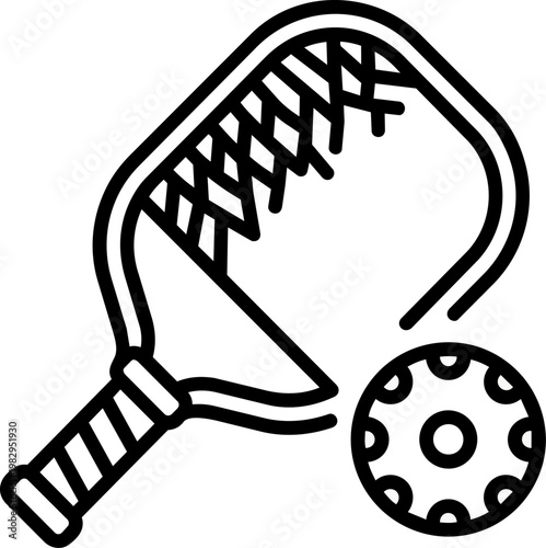 Lacrosse Stick And Ball Line Art Illustration.