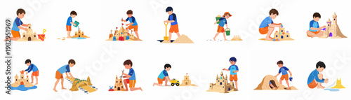 Set of illustrations depicting a young boy building diverse sandcastles and engaging in various sand activities at the beach during summer vacation.