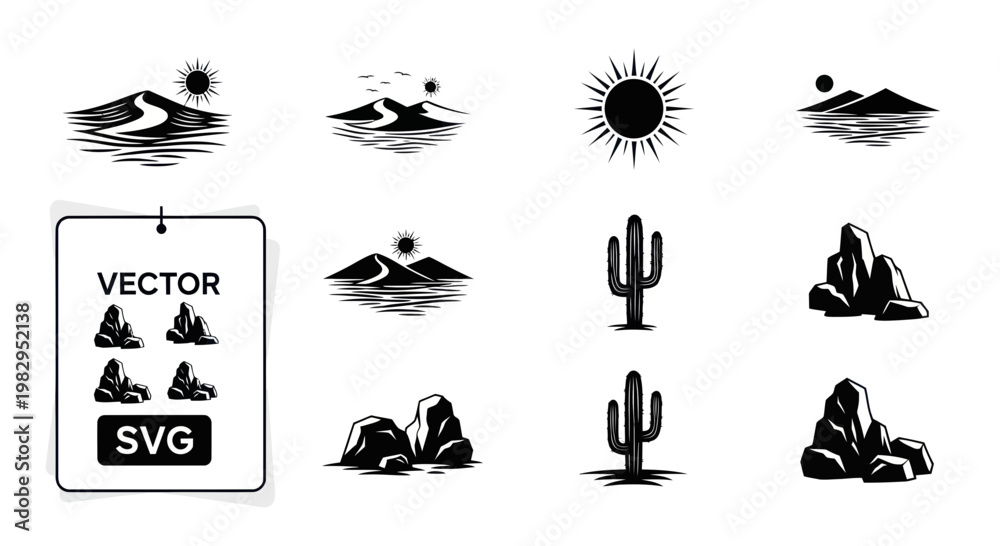 Fototapeta premium Desert Landscape Elements: Sun, Dunes, Cacti, Rocks, Mountains - Vector Icons