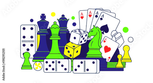 Board Game and Card Game Icons: Chess, Dice, Dominoes, Playing Cards