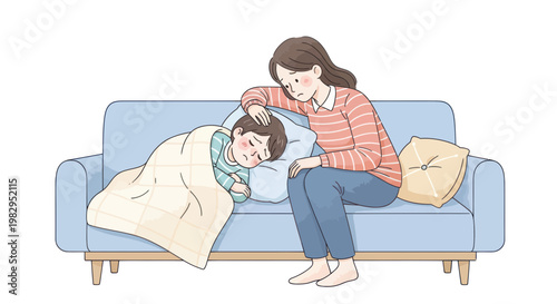 Caring mother watching sick child sleep on sofa, worried expression, gentle touch