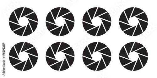 Abstract circular aperture diaphragm set graphic elements representing camera lens opening and iris control.