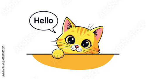 Cute cartoon cat peeking over a surface with a "Hello" speech bubble