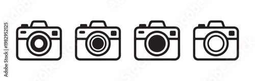 Dslr camera icon collection with different lens glass variations for photography app interface and web design.