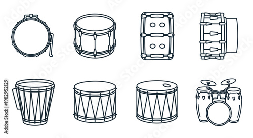 Bilde på lerret Drum Set Collection: Snare, Bass, Timpani, Conga, Tambourine Outline Icons