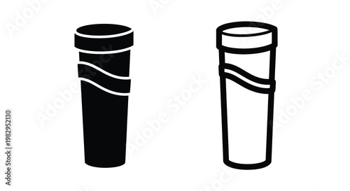 A pair of simple black and white line art illustrations of disposable coffee cups