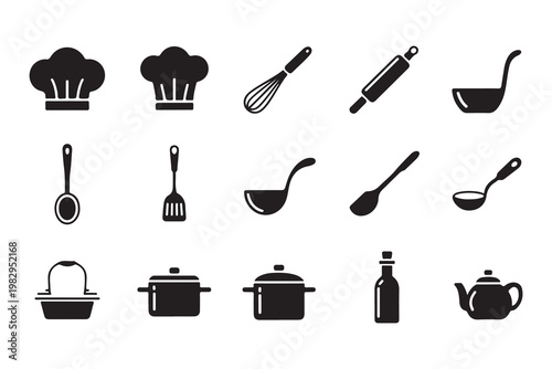Kitchen tools and cooking utensils icon set featuring whisk rolling pin ladle spatula and gourmet chef hats.