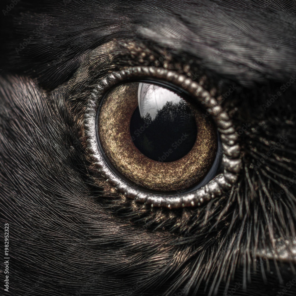 Obraz premium Extreme Macro Photography of a Majestic Black Bird Eye Highlighting Intricate Iris Textures Glossy Pupil Reflection and Fine Feathers Detailed Ornithology Portrait for Wildlife and Nature Backgrounds