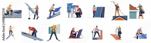 Set of professional technicians installing, maintaining, and cleaning solar panels on various roofs for renewable green energy solutions.