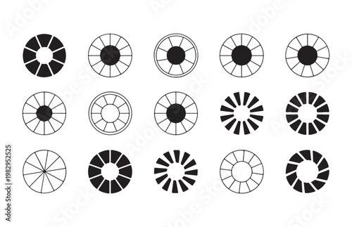 Fifteen aperture icons in silhouette representing different diaphragm styles for photography and camera lens functions.