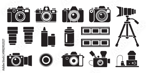 Professional photography equipment vector icons set with vintage cameras tripod long lenses and film rolls.