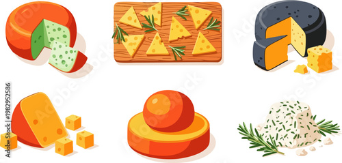 Gourmet cheese collection vector set, assorted dairy products with blue cheese and cheddar, organic cheese platter with rosemary on wooden board