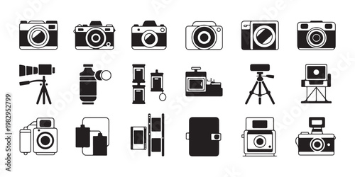 Analog photo studio equipment icons including medium format cameras film reels portable cases and tripods set.