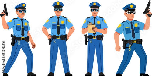 Police officer character set in blue uniform, law enforcement professional in various poses, security guard vector illustration with gun and clipboard