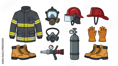 Vector illustration of firefighter equipment and fire safety gear, including uniform, helmets, masks, tank, nozzle, gloves, and boots
