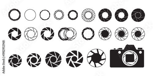 Camera lens aperture iris icons set showing different levels of light exposure and shutter blade mechanisms.