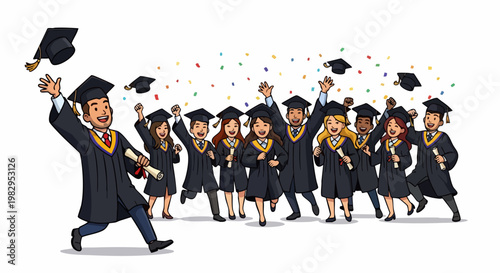 Happy diverse graduates celebrating graduation ceremony, group of students in black gowns throwing caps, university commencement vector illustration