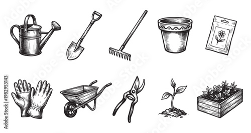 This is a hand-drawn illustration featuring a collection of vintage gardening tools and plants in a sketch style, perfect for horticultural themes.