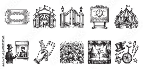 A vintage black and white illustration set showcasing various circus elements like tents, gates, tickets, performers, and an audience, perfect for retro or carnival themes.