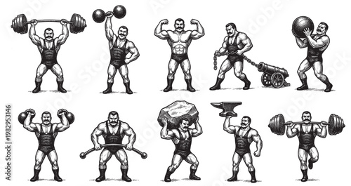 A collection of vintage strongman illustrations depicts muscular men in leotards lifting barbells, dumbbells, and cannons, showcasing power and strength.