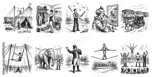 A series of black and white illustrations depict various vintage circus acts, including tent setup, costume preparation, juggling, a clown applying makeup, a horse-drawn wagon, aerialists.