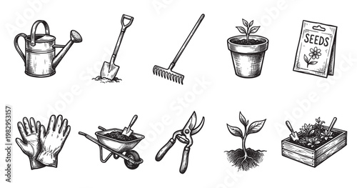 A collection of hand-drawn illustrations depicting various gardening tools and plants, suitable for spring projects and outdoor activities.