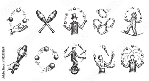 A hand drawn collection of diverse circus performers expertly juggling balls, clubs, and rings in a classic black and white sketch style.