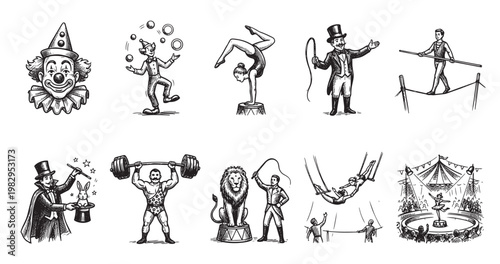 Collection of vintage black and white illustrations depicting various classic circus acts and performers in a stylized, retro drawing style, perfect for nostalgic designs.