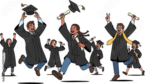 Diverse happy graduates jumping and celebrating, group of students in graduation gowns and caps with diplomas, joyful university commencement vector