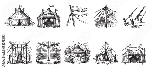 A collection of hand-drawn black and white illustrations depicting various circus tents, flags, and construction scenes, evoking a vintage or whimsical feel.