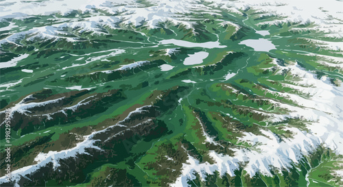 Aerial mountain landscape vector, snow capped peaks and green valley terrain, topographic map view of alpine wilderness, high altitude nature background