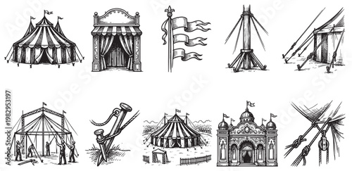 A collection of vintage-style illustrations depicting circus tents, entry gates, flags, and construction details like ropes and stakes, with a monochromatic, hand-drawn aesthetic.