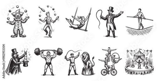 A vintage black and white illustration montage showcasing diverse circus performers like a clown, juggler, tightrope walker, magician, and lion tamer.